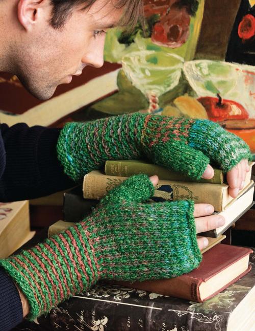 Model photograph of "21 - Slip-Stitch-Duo Fingerless Gloves"