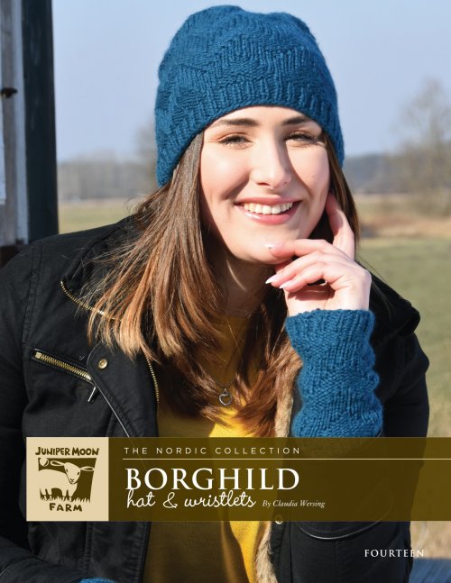 Model photograph of "Borghild Hat & Wristlets"