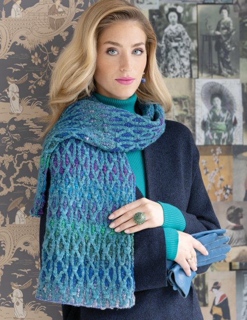 Model photograph of "12 - Two-Color Cabled Scarf"