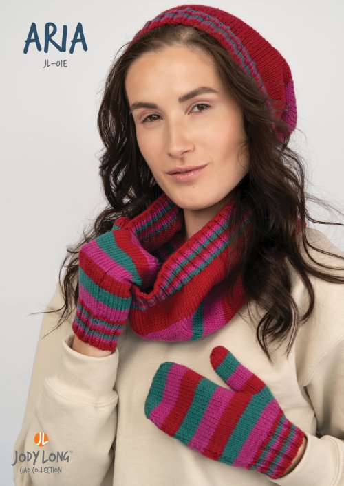 Model photograph of "Aria Hat, Cowl & Mitts"