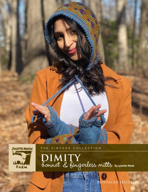 Model photograph of "Dimity Bonnet & Fingerless Mitts"