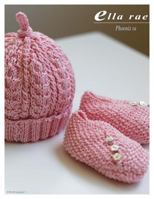 Model photograph of "Phoenix DK Baby Beanie and Booties"
