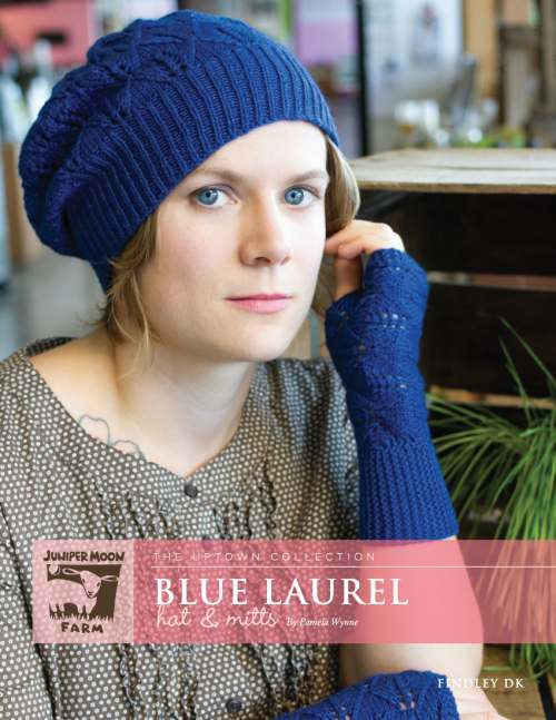 Model photograph of "'Blue Laurel' Hat &amp; Mitts"
