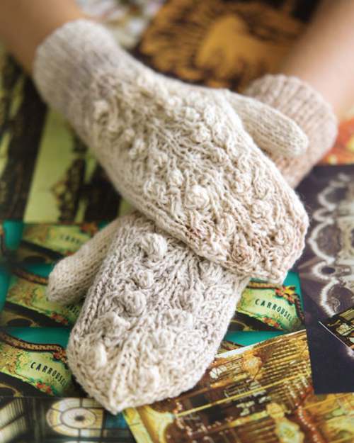 Model photograph of "07 - Bobble-and-Vine Mittens"