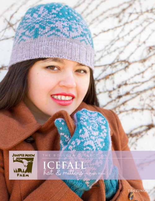 Model photograph of "'Icefall' Hat & Mittens"