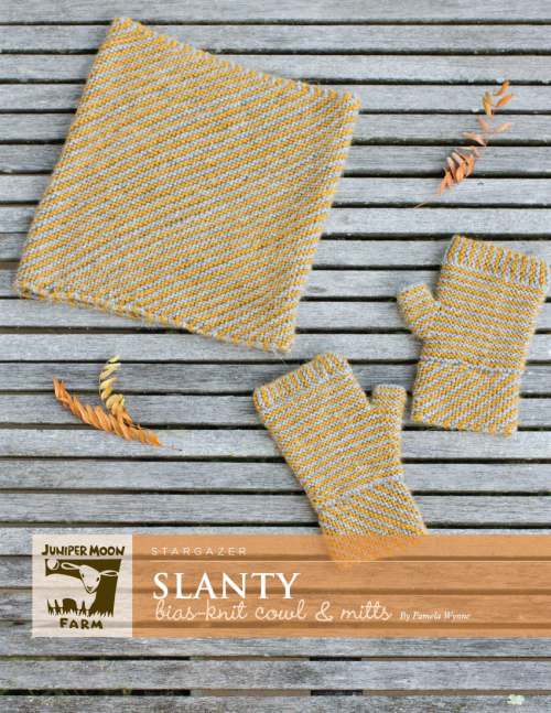 Model photograph of "'Slanty' Bias-knit Cowl and Mitts"