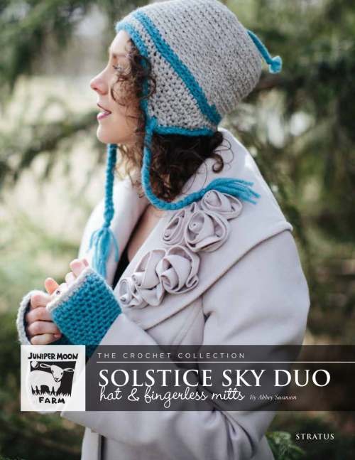 Model photograph of "'Solstice Sky Duo' Hat & Fingerless Mitts"
