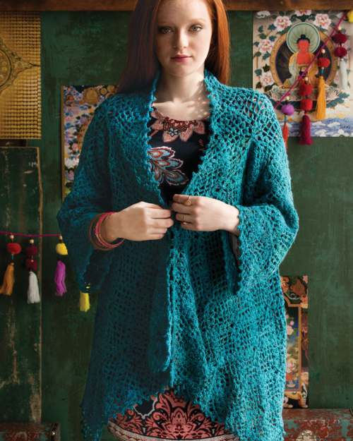 Model photograph of "23 - Shell-and-Mesh Squares Cardigan"