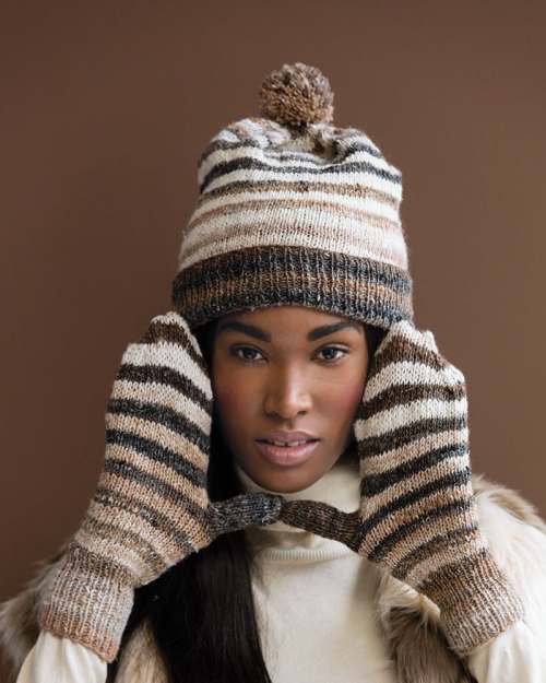 Model photograph of "11 - Striped Slouch Hat & Mittens"