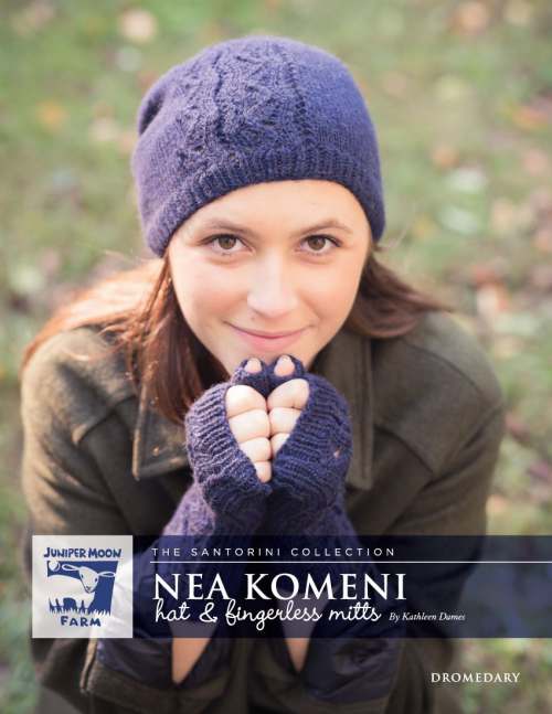 Model photograph of "Dromedary - 'Nea Komeni' Hat & Fingerless Mitts"