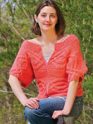 Model photograph of "Sideways Cabled Cardigan"